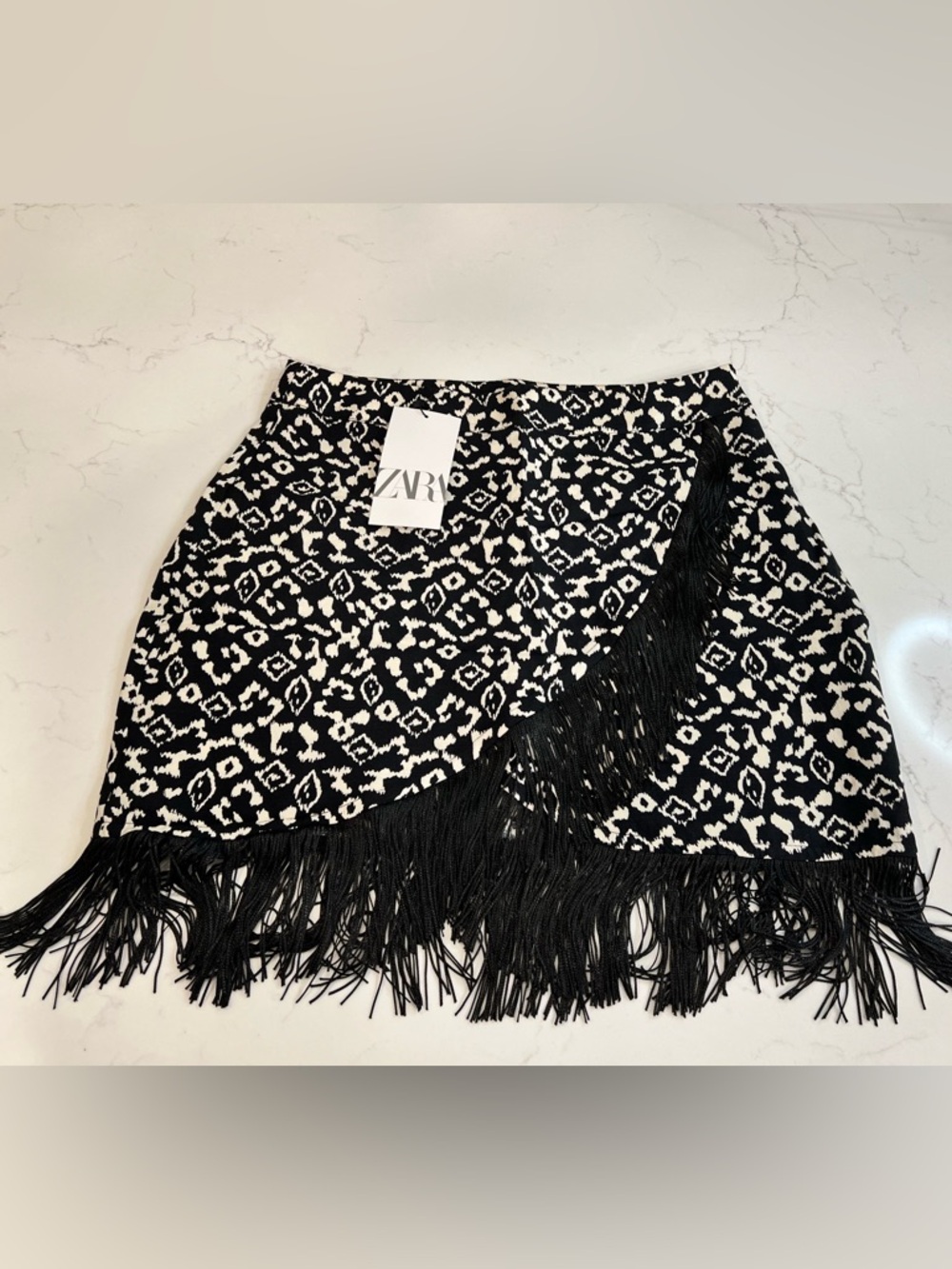 Zara Black & White Fringe Wrap Mini Skirt